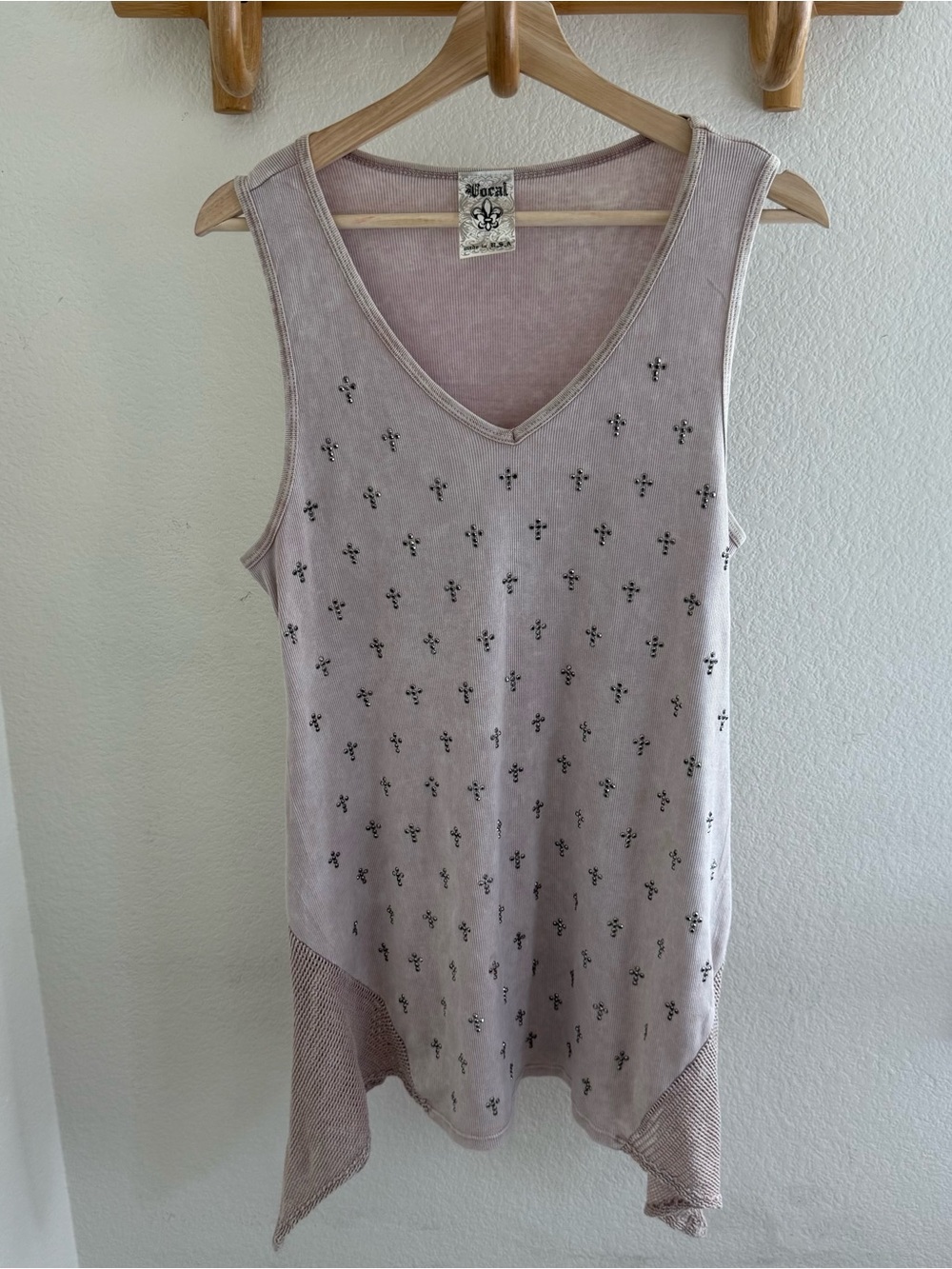 Vocal made in USA Y2K pink tank top tunic silver cross crystal embellishments